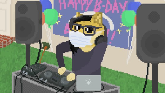 Pandemic Doge deejaying at a party