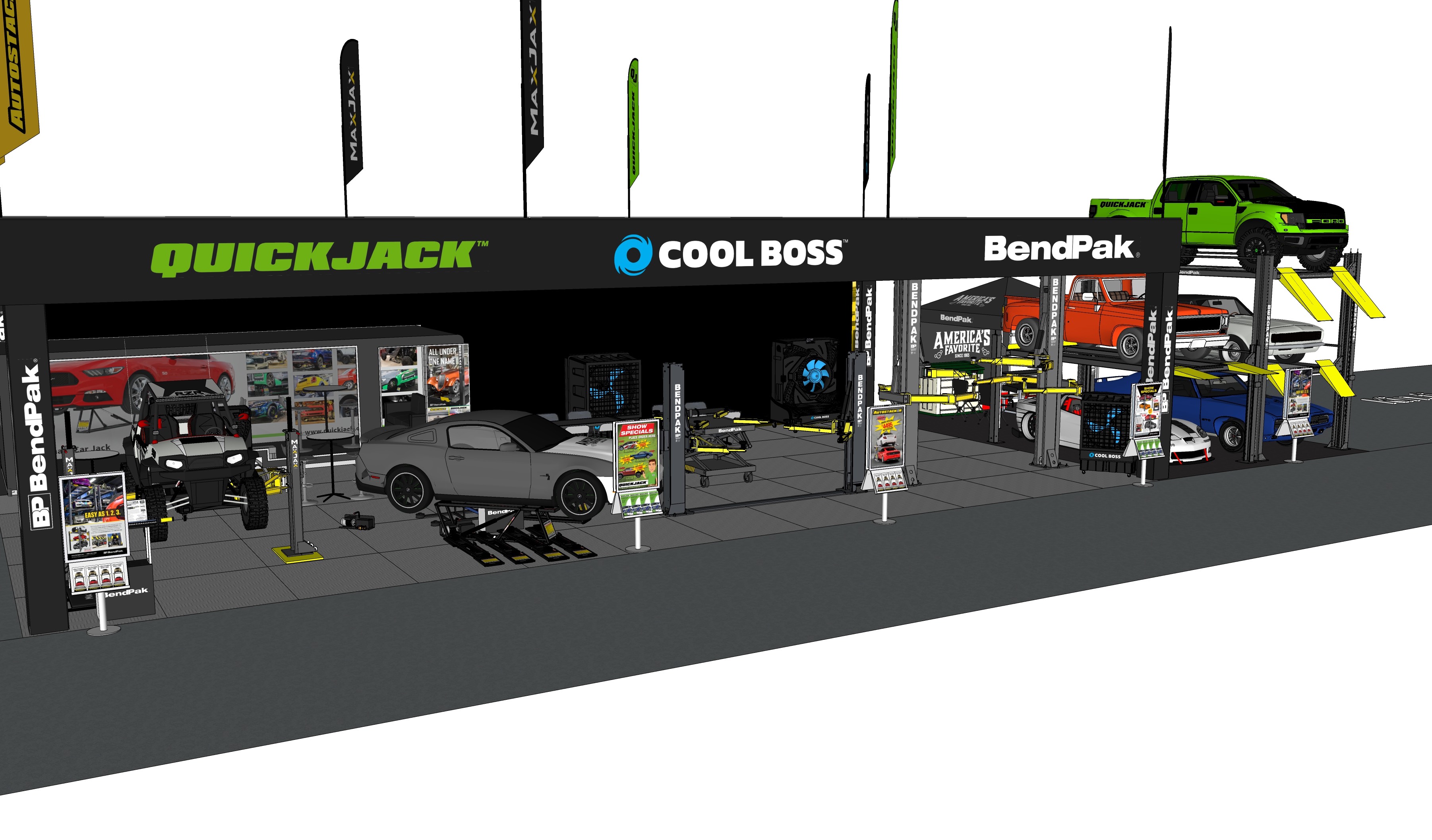 A 3D rendering of an outdoor trade show booth featuring automotive service equipment from BendPak, QuickJack and Cool Boss