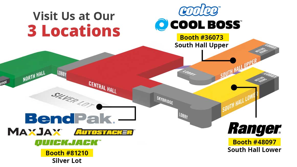 A 3D map of the SEMA Show 2024 buildings with callouts to booths for BendPak, Cool Boss and Ranger